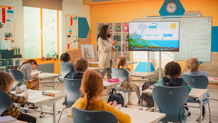 Primary School Children Learning Basic Information About Water Cycles: Geography Teacher Educating...