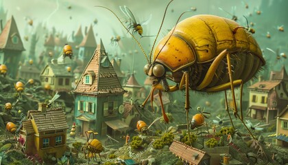 Illustrate a surreal scene with a fantastical twist - a miniature town with tiny inhabitants valiantly defending their homes against oversized, menacing insects Show Bug Repellent as their ultimate pr - obrazy, fototapety, plakaty