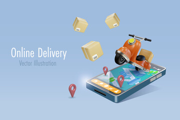 Online shopping and delivery service. Scooter riding on mobile map with delivery carton boxes. 3D vector.