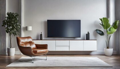modern living room with fireplace, white Wall-Mounted TV Cabinet and Leather Armchair"