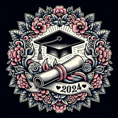 Graduation label design. Class of 2024. Congrats Graduates emblem with mountain, sun and grad cap in flowers frame