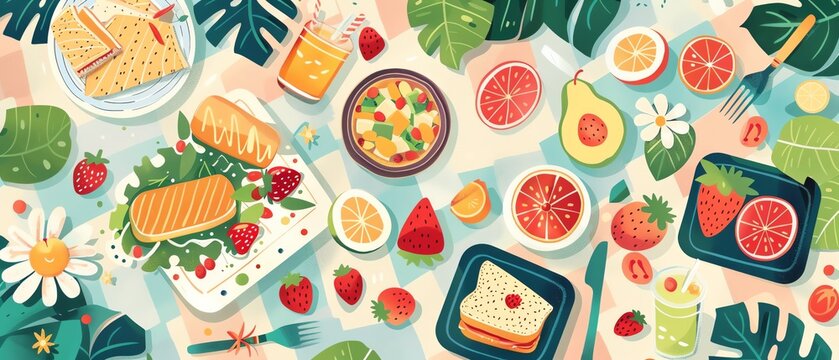 Illustrate a vibrant, detailed long shot of a picnic scene Showcase a colorful assortment of classic picnic foods like sandwiches, fruits, and beverages arranged on a patterned picnic blanket Incorpor