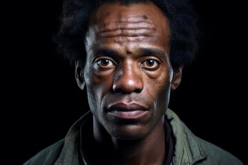 Fototapeta premium A man with long freckles on his forehead and nose. He is of African American nationality, around 40 years old.