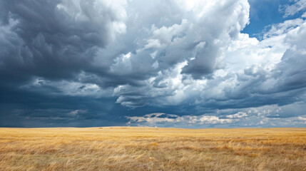 A gathering of dark clouds looms over the horizon signaling an approaching storm on the barren prairie. .