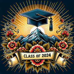 Graduation label design. Class of 2024. Congrats Graduates emblem with Mountain peak, sun and grad cap.