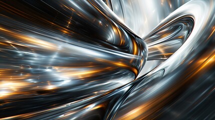 A glowing orange and silver metal tunnel. - obrazy, fototapety, plakaty