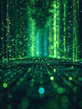A green digital rain of falling binary code