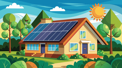 Eco-friendly house with solar panels, vector cartoon illustration.