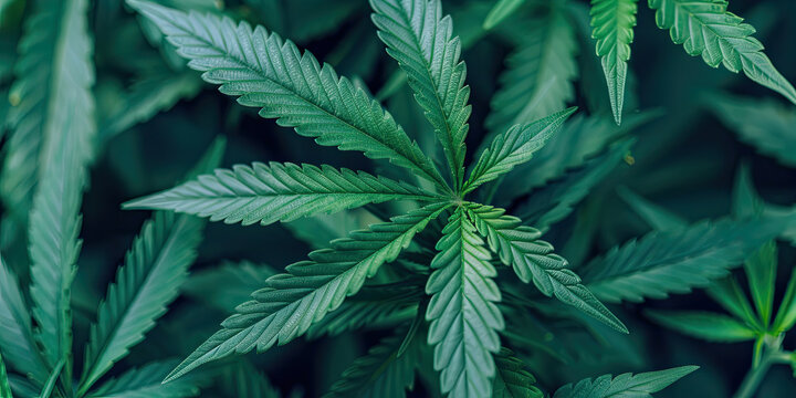 dark green hues of marijuana leaf with single serrated edge with multiple pointed leaflets radiating from a central stem 