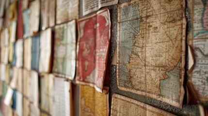 Fuzzy and indistinct the background showcases a colorful array of old maps and documents evoking a sense of the past captured in a historical haven. .