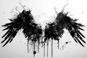 Two black painting wings on a white wall. Grunge and graffiti style. Design element