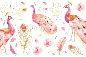 set of watercolor peacock and feather illustrations in pink and gold tones against a white...