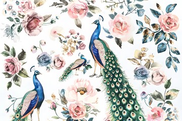 set of watercolor peacock and feather illustrations in pink and gold tones against a white background