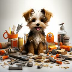 Yorkshire Terrier puppy sitting next to a lot of tools.