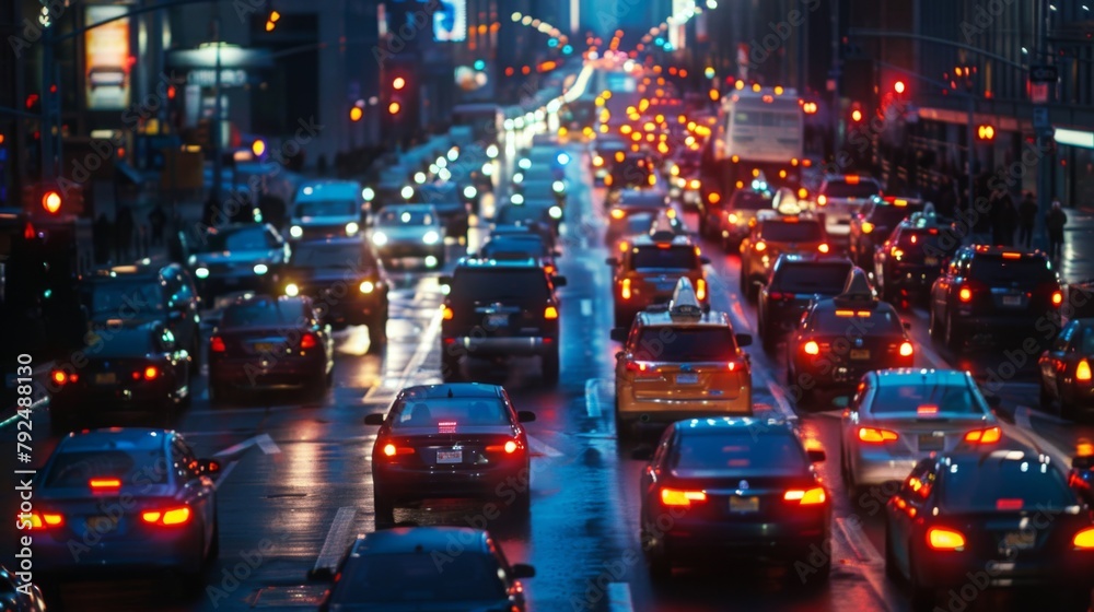 Poster traffic gridlock in the downtown area, with cars barely moving through crowded streets.