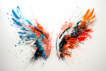 Two painting wings covered in vibrant colorful splatters on a white wall. Grunge and graffiti style. Design element