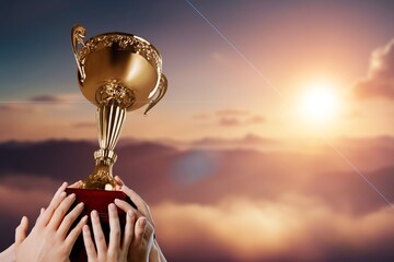 Fototapeta premium Success of teamwork, team holding trophy