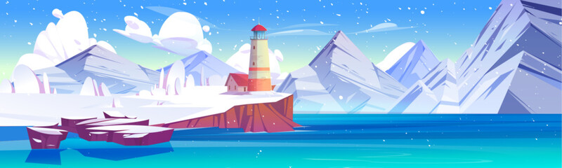 Naklejka premium Winter landscape with lighthouse on cliff rocky shore of sea or ocean covered with snow. Cartoon vector illustration of northern scenery with red vintage beacon tower on snowy coastline with mountains