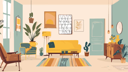 Flat set retro living room interior . vector illustra