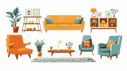 Flat set retro living room interior . vector illustra