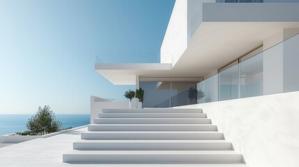 Against a backdrop of pure white a stainless steel gate and balustrade frame a staircase or balcony