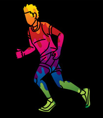Fototapeta na wymiar A Man Running Action Marathon Runner Male Movement Cartoon Sport Graphic Vector