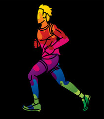 Fototapeta na wymiar A Man Running Action Marathon Runner Male Movement Cartoon Sport Graphic Vector