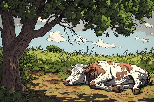 cartoon illustration, a cow is sleeping under a tree