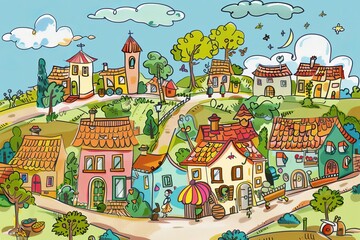 Cartoon cute doodles of a charming rural village with quaint cottages, a town square, and villagers going about their day, Generative AI - obrazy, fototapety, plakaty
