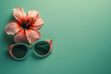 sunglasses and pink flower lay on a green background, in the style of light teal and dark orange, minimalist backgrounds, organic designs, nature-inspired pieces, dark orange and beige, innovative pag