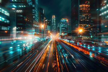 Fototapeta na wymiar Road in the night city. Colorful light trails. Long exposure. Background image. Created with Generative AI technology
