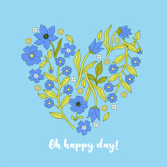 Blue heart made of cute flowers and leaves and an inscription. Vector graphics.