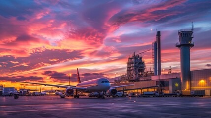 A colorful sunset paints the sky behind a biofuel production plant which sits next to a busy airport. The airports runways and cargo planes provide an ideal location for transporting .