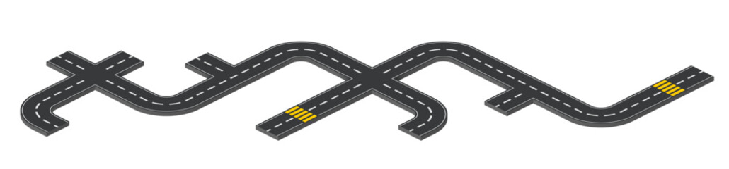 Isometric asphalt road map. Vector illustration of city highway with pedestrian crossing and intersections. motorway construction for direction navigation or timeline concept. Street journey element. © klyaksun