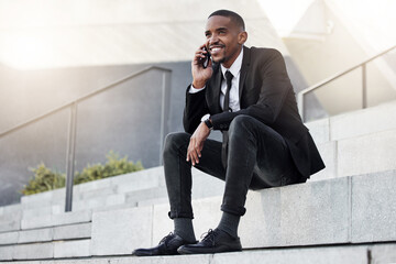 Businessman, happy and phone call on city steps for networking or business travel plans and...