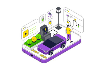 Electric automobile, mobile phone, speedometer, wrench, electronic indicators. Concept of smart car monitoring or remote control system, maintenance and repair service. Isometric vector illustration. - 792490914