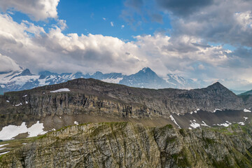 highland panorama of Swiss Alps mountains. Alpine valley Grindelwald. Jungfrau region, Switzerland.