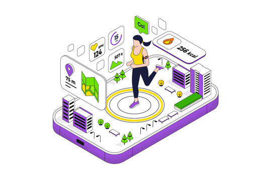 Runing exercising, fitness app for sports. Sportswear for woman. Workout for wellness and activity of muscles. Female healthcare. Flat isometric vector illustration isolated on white background.