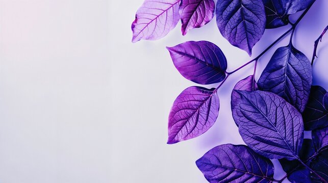 Natural Design Background with Purple Foliage. Beautiful Leaves on a White Background with copy-space.