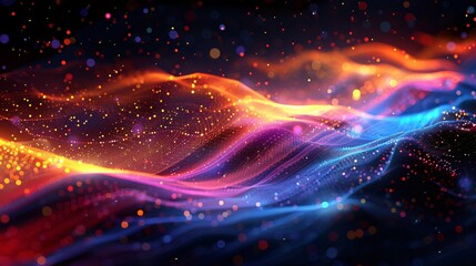 Obraz premium Colorful glowing particles form into a wave.
