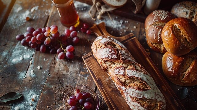 Easter Feast. Image with Grapes and Bread. Christian Feast Concept.