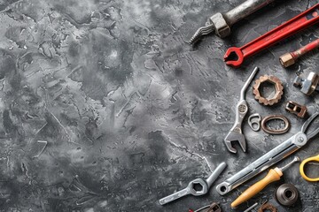 Set of tools and instruments on grey textured background with copy space