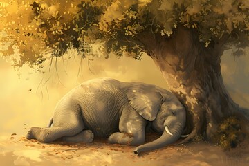 cartoon illustration, an elephant is sleeping under a tree