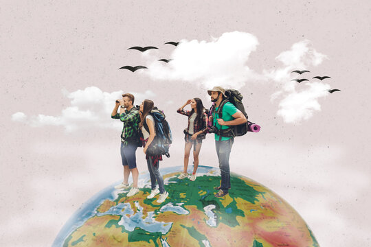 Trend artwork composite sketch photo collage of group man lady friends wear backpack hiking travel walk on earth globelook watch find way