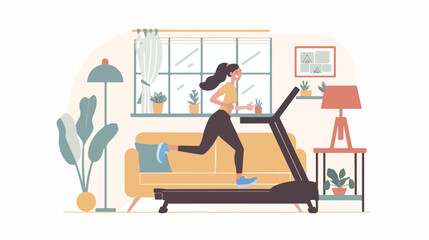 Girl running on treadmill in the living room. Vector