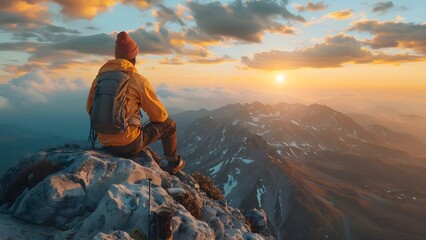 Successful men reach personal growth peaks at the top of mountains. Concept Motivation, Personal Growth, Success, Peak Performance, Overcoming Challenges