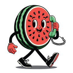 Cartoon illustration of a cheerful watermelon character walking and talking on a vintage telephone.