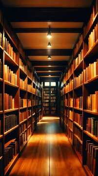 Animation of a long corridor with shelves filled with books in a large library with a slow-motion view of walking. Vertical video.