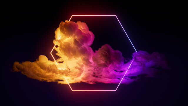 Cloud Formation Illuminated with Pink and Yellow Fluorescent Light. Dark Environment with Hexagon shaped Neon Frame.