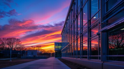 As the sun sets, the business building becomes a canvas for the vibrant hues of the sky, its reflective surface capturing the breathtaking colors of dusk. - Powered by Adobe